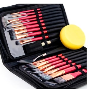 16 Paint Brush Kit/Paint Brushes with Case for Oil, Acrylic, Watercolor & Gouache