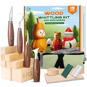Whittling Kit: 4 knives, 8 wood blocks. Perfect for adults & kids. Complete set with tools. Ideal for wood carving.