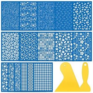 May include: A set of 12 blue and white patterned stencils for crafting and decorating. The stencils feature various designs, including floral, geometric, and abstract patterns. Two yellow plastic tools are included for applying paint or other mediums.