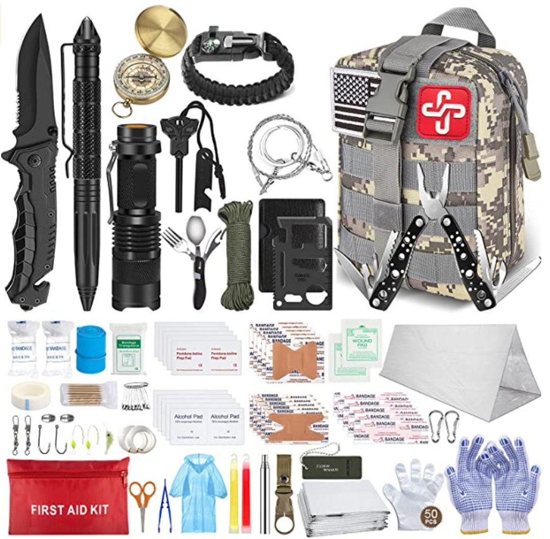 Emergency Survival Kit 11 in 1, Outdoor Survival Gear Tool with Survival  Bracelet, Folding Knife, Compass, Emergency Blanket, Fire Starter, Whistle,  Tactical Pen for Camping, Hiking, Climbing