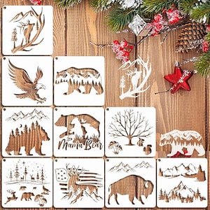 10 Bear, Deer, Eagle, Mountain, Bison, Tree Stencils: Wildlife Forest Animal Templates for Wood Burning, Painting, and Wall Decor