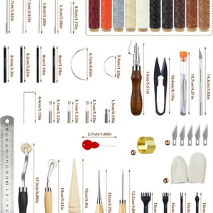 May include: A comprehensive leathercraft tool kit featuring various needles, awls, cutters, and a ruler. Includes spools of waxed thread, scissors, and a thimble. Measurements are in inches and centimeters.