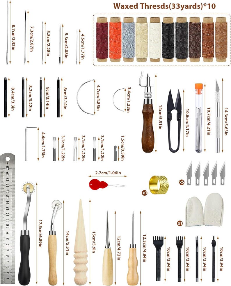 May include: A comprehensive leathercraft tool kit featuring various needles, awls, cutters, and a ruler. Includes spools of waxed thread, scissors, and a thimble. Measurements are in inches and centimeters.