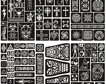 6 Temp Tattoo Stencils, 100 Tiger Henna Glitter Airbrush Stencils, Arabian Stickers for Face Body Art. Kit.