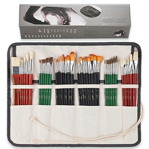 41-Piece Long Handle Paint Brush Set: Hog Bristle, Horse Hair, Nylon. Ideal for Acrylic, Oil, Watercolor, Gouache. Includes Canvas Roll.