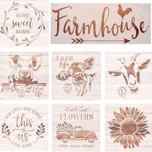 May include: Set of nine farmhouse-themed stencils featuring various designs, including a pig, cow, goat, sunflower, truck with flowers, and text like "Farmhouse", "Farm Life", and "Home Sweet Home".