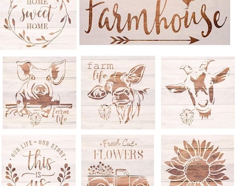 Farmhouse Stencils, Farm Theme Reusable Stencils for Painting on Wood- Cow/ Sunflower/ Vintage Truck for Drawing Wall Floor Fabric Decor