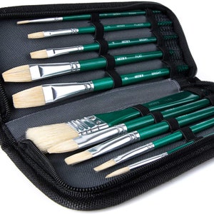 Premium Hog Bristle Brushes for Acrylic & Oil Painting,10Pcs Paint Brush Set/ Intermediate Series, Includes a Carrying Case (Green - Hog)
