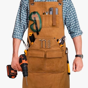 Woodworking Apron for Men: 20 oz, Heavy Duty Waxed Canvas, 9 Tool Pockets