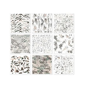 May include: Nine square stencils with various camouflage patterns. Designs include zebra stripes, dotted, and geometric shapes in neutral tones of white, gray, and brown. These stencils are ideal for crafting and DIY projects.