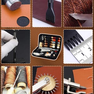 May include: A collection of leathercraft tools, including a hole punch, stitching groover, and a sewing kit. The image shows various tools used for leatherworking, such as needles, thread, and a rotary cutter. The color palette includes brown, black, and silver.