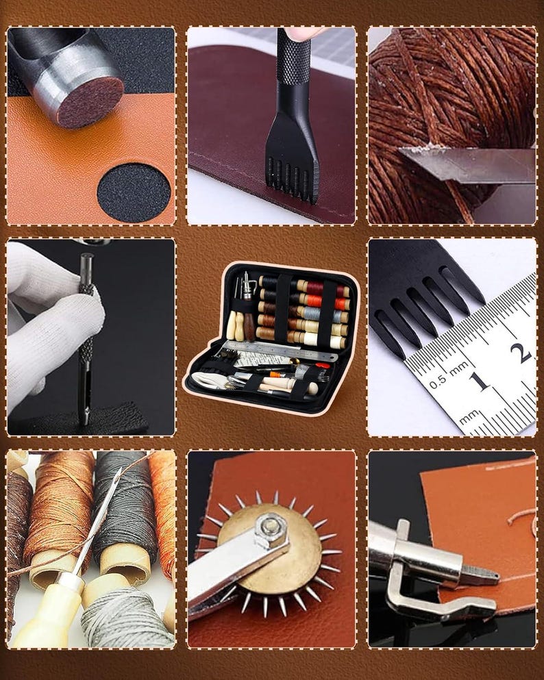 May include: A collection of leathercraft tools, including a hole punch, stitching groover, and a sewing kit. The image shows various tools used for leatherworking, such as needles, thread, and a rotary cutter. The color palette includes brown, black, and silver.