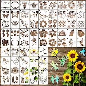 65 pochoirs d'animaux pour le bricolage : modèles d'arbre, d'abeille, d'oiseau. Idéal pour le bois, les murs, les cartons, les pierres. (Fleur)