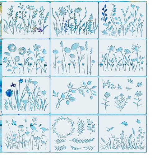 20Pcs Wildflowers Stencils for Painting on Wood, Walls, Canvas / DIY Reusable Stencils for Crafting onto Multi Surfaces