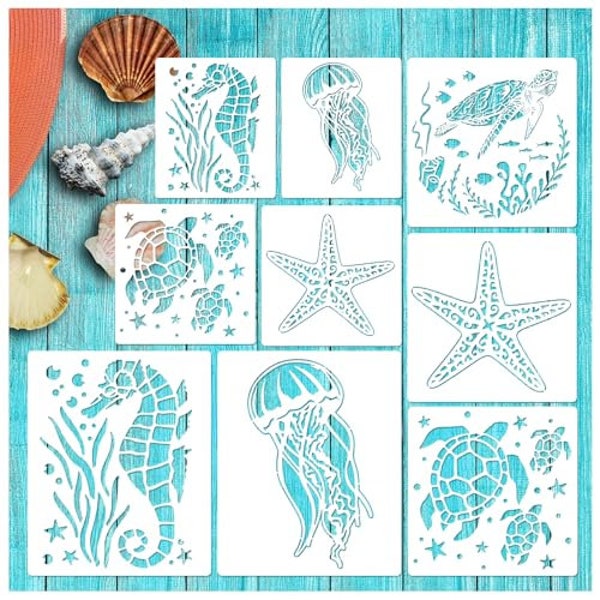 Plastic Reusable Ocean Stencils for Wood, Turtle, Seahorse, Starfish, Jellyfish Templates: Art Crafts, Wood Burning, Wall Canvas (Sea).