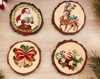 Christmas Coasters Set | Wood Painted Ornaments