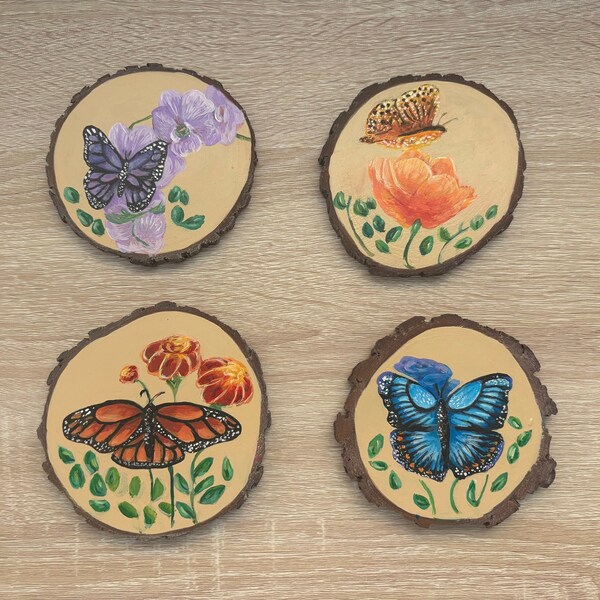 Hand Painted Spring Set of Round Wood Coasters, Home Decor,Mini Wood Painted Flower Slices