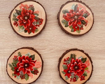 Poinsettas Coaster Set | Wood Painted Flower Home Decor
