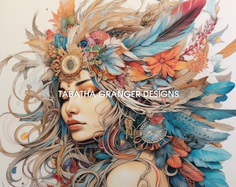 May include: A woman with long, flowing hair adorned with a colorful headdress made of feathers, flowers, and leaves. The headdress is intricate and detailed, with a variety of textures and colors. The woman's face is partially obscured by the headdress, but her eyes are visible and she appears to be looking off to the side. The background is a light, neutral color.