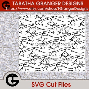 May include: Black and white line art illustration of a repeating pattern of birds and fish. The design is a classic optical illusion where the image can be seen as either birds or fish depending on how you look at it.