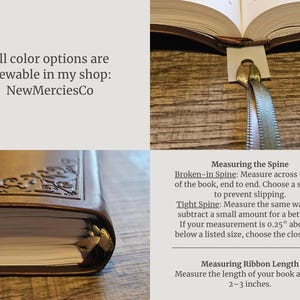 May include: A close-up of a brown leather-bound book with a decorative corner design. A ribbon bookmark is inserted. Text on the image reads "All color options are viewable in my shop: NewMerciesCo."