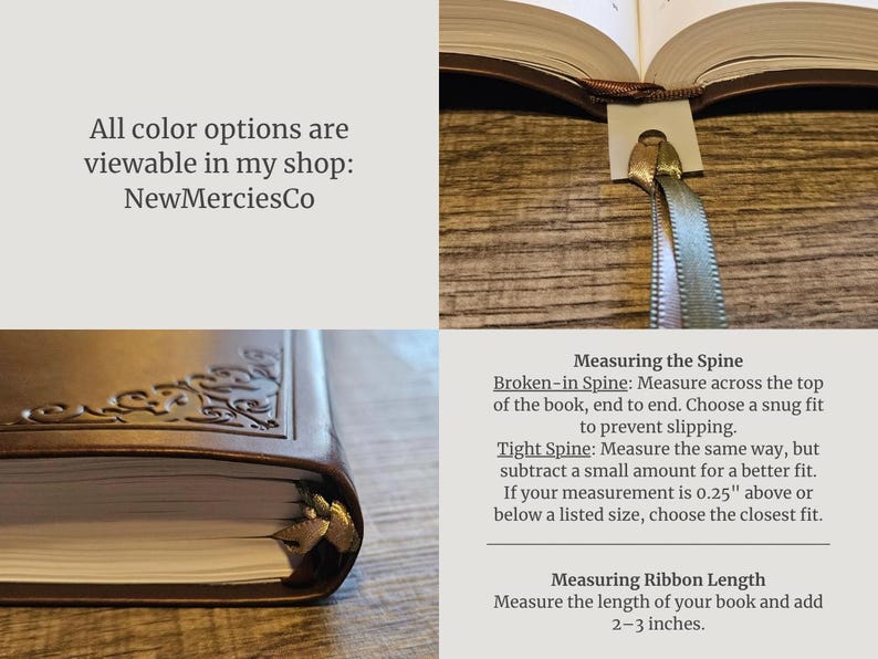 May include: A close-up of a brown leather-bound book with a decorative corner design. A ribbon bookmark is inserted. Text on the image reads "All color options are viewable in my shop: NewMerciesCo."