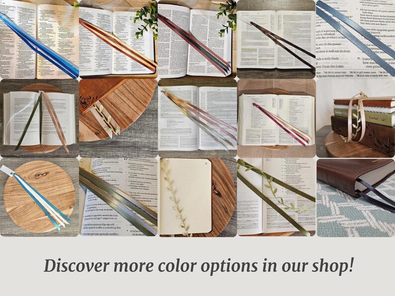 May include: Assortment of open books with colorful ribbon bookmarks. The bookmarks are in various colors, including blue, green, and red. Some books have decorative leaf accents. The text "Discover more color options in our shop!" is at the bottom.
