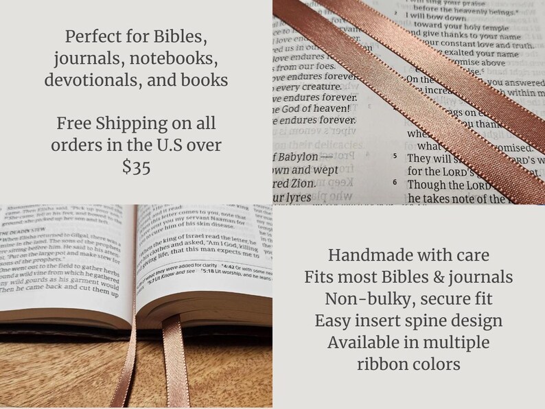 May include: A close-up of an open book with a ribbon bookmark. The ribbon is a light brown color. The text on the page is visible. The image also includes text that says "Handmade with care" and "Fits most Bibles & journals".