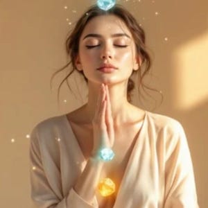 May include: A woman with closed eyes and hands in prayer, wearing a light-coloured top. Glowing crystals are superimposed on the image, with one above the head, one at the chest, and one at the wrist.