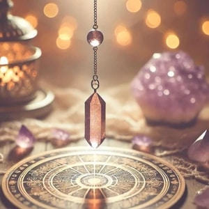 May include: A hanging crystal pendulum with a faceted, reddish-brown crystal point. The pendulum hangs from a chain with a clear, round bead. The background includes a zodiac chart, amethyst crystals, and soft, warm lighting.