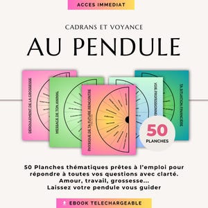 May include: A promotional image for a divination product. The image features colorful cards with text in French, including "Au Pendule" and "50 Planches." The cards are arranged in a semi-circle, with a central card in pink and orange.