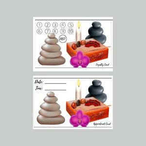 May include: A spa loyalty card with a stack of gray stones, a lit candle, a small zen garden with a red bridge, and a pink orchid. The card has a number of spaces for stamps, with the text "FREE!" at the bottom of the stack of stones. The card also has the text "Loyalty Card" at the bottom.