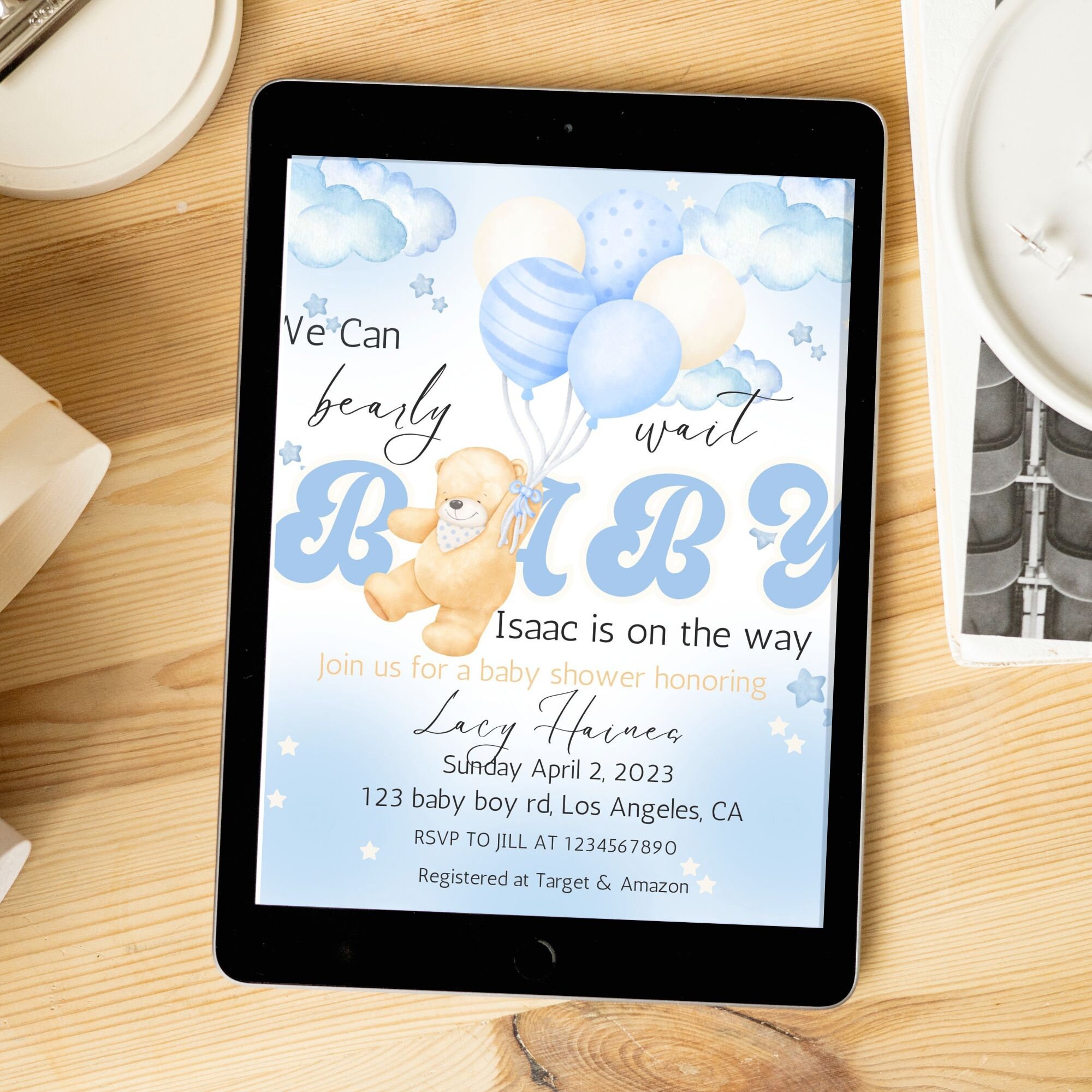 Hug Invitation Editable Bear Hugs & Baby Blue: 'we Can Bearly Wait' Baby Boy Editable ...