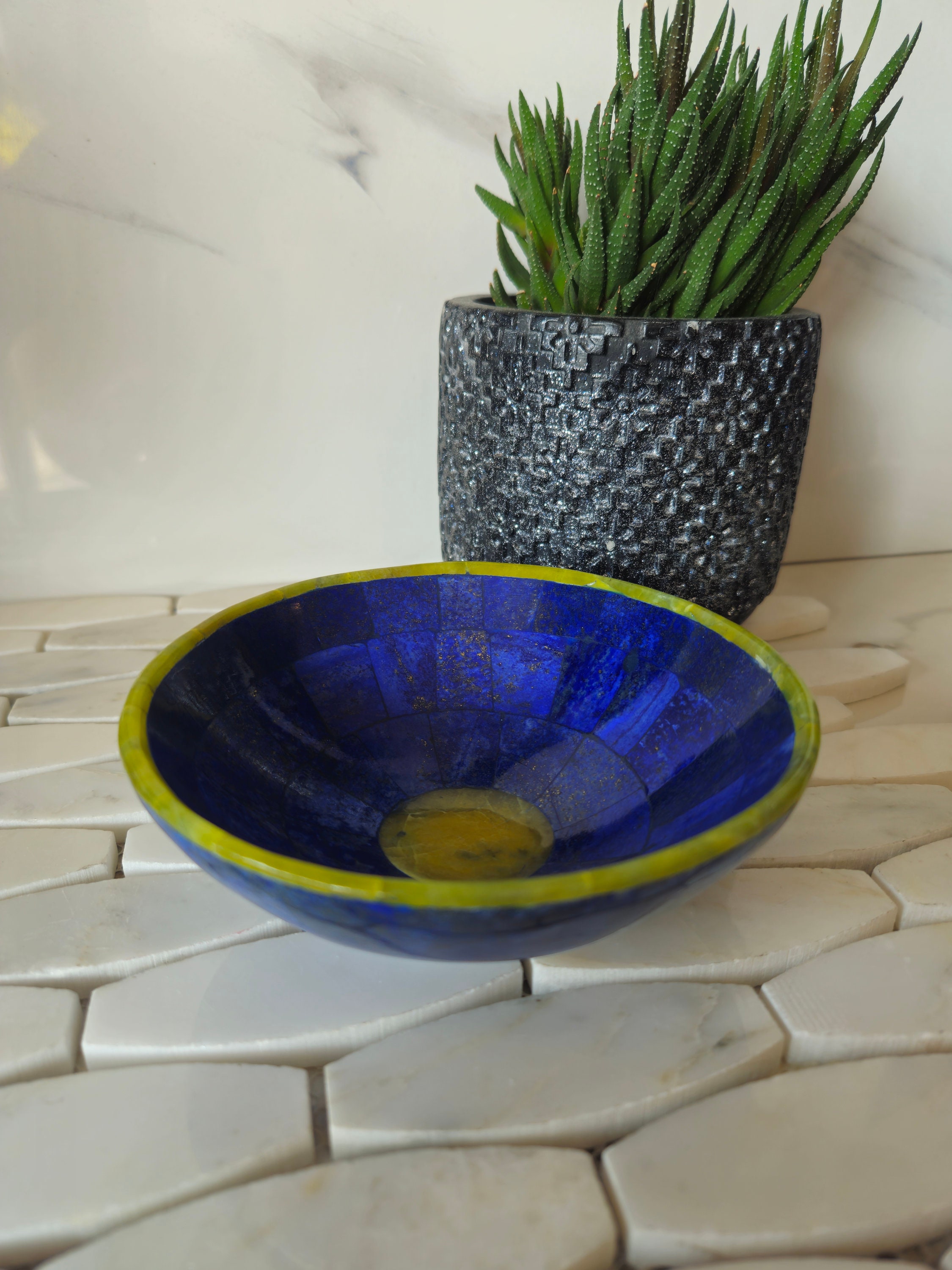 Handcrafted Lapis Lazuli Home Decor Bowl - Astro West Handmade Lapis Lazuli Bowl: Boho Home Decor, Natural Stone Dish main image 1