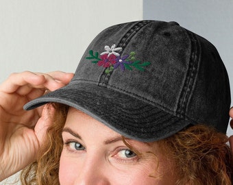 Floral Embroidered Vintage Cotton Twill Cap, Women's Hat, Floral Baseball Cap, Women's Dad Hat