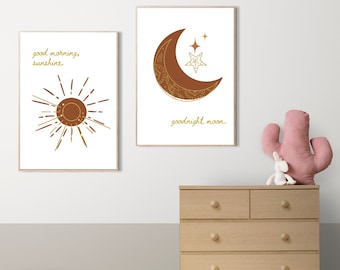 Boho Nursery Decor, Good Morning Sunshine, Goodnight Moon, 2 Piece Wall Art, Neutral Print Set, Nursery Wall Set, Set Of 2 Prints