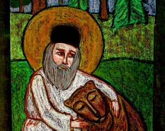 Religious illustration of Serafim of Sarov,Oil pastel painting of folk icon,Pastel drawing of bear,Orthodox byzantine icon,The life of saint