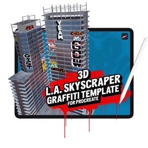 May include: A 3D digital illustration of a Los Angeles skyscraper with graffiti on the exterior. The image is titled "3D L.A. Skyscraper Graffiti Template for Procreate".