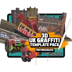May include: A 3D digital art template pack for Procreate featuring UK graffiti scenes and single models. The pack includes 4 scenes and 7 single models, plus a bonus brush pack.