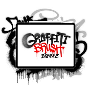 May include: A digital tablet screen displaying the text "Graffiti Brush Bundle" in black and red spray paint style lettering. The tablet is surrounded by black and white spray paint splatters.