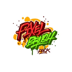 Könnte beinhalten: Pixeliges Graffiti-Design mit den Worten "Pixel Patch Pack" in Rot und Grün. Das Design umfasst orangefarbene und braune Akzente auf weißem Hintergrund. Der Text ist in einer fetten, stilisierten Schriftart gehalten.