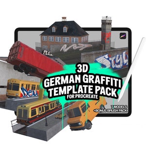 以下が含まれることがあります： Procreate用の3Dドイツのグラフィティデザインのデジタルアートテンプレートパック。画像には、電車、トラック、グラフィティアートのある建物など、さまざまなモデルを示す、スタイラス付きのタブレットが表示されています。