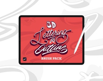 Könnte beinhalten: Ein digitales Tablet zeigt den Text "3D Lettering & Outline BRUSH PACK" in einer 3D-Schrift. Der Hintergrund ist rot, mit einem weißen Stift auf der rechten Seite. Das Tablet hat einen schwarzen Rahmen.
