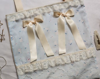 Blue Bunny Print Tote Bag with Bows & Lace, Handmade