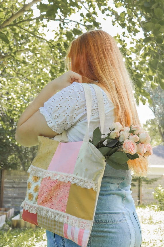 Bunte Pinke und Gelbe Sonnen Handgemachte Patchwork Umhängetasche