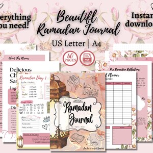 Puede incluir: Un diario digital del Ramadán con un diseño floral, con páginas para planificar y reflexionar. El diario incluye el texto "Beautiful Ramadan Journal" y "US Letter | A4". El diario tiene 60 páginas y está disponible para descarga instantánea.