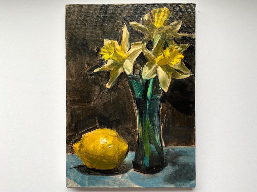 Original Oil on Canvas / Daffodil and Lemon Painting / Small Yellow ...