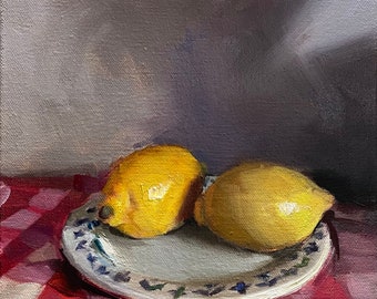 Fruit oil painting / original still life / kitchen wall decor / lemons on a vintage Midwinter plate / lemon painting / birthday gift gingham