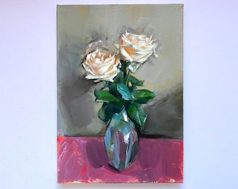 Original Floral Oil on Canvas Painting: still life with glass vase and roses