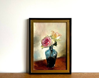 Unframed floral oil painting / pink rose painting / roses in a blue glass vase / romantic birthday gift / vintage style art / floral gallery